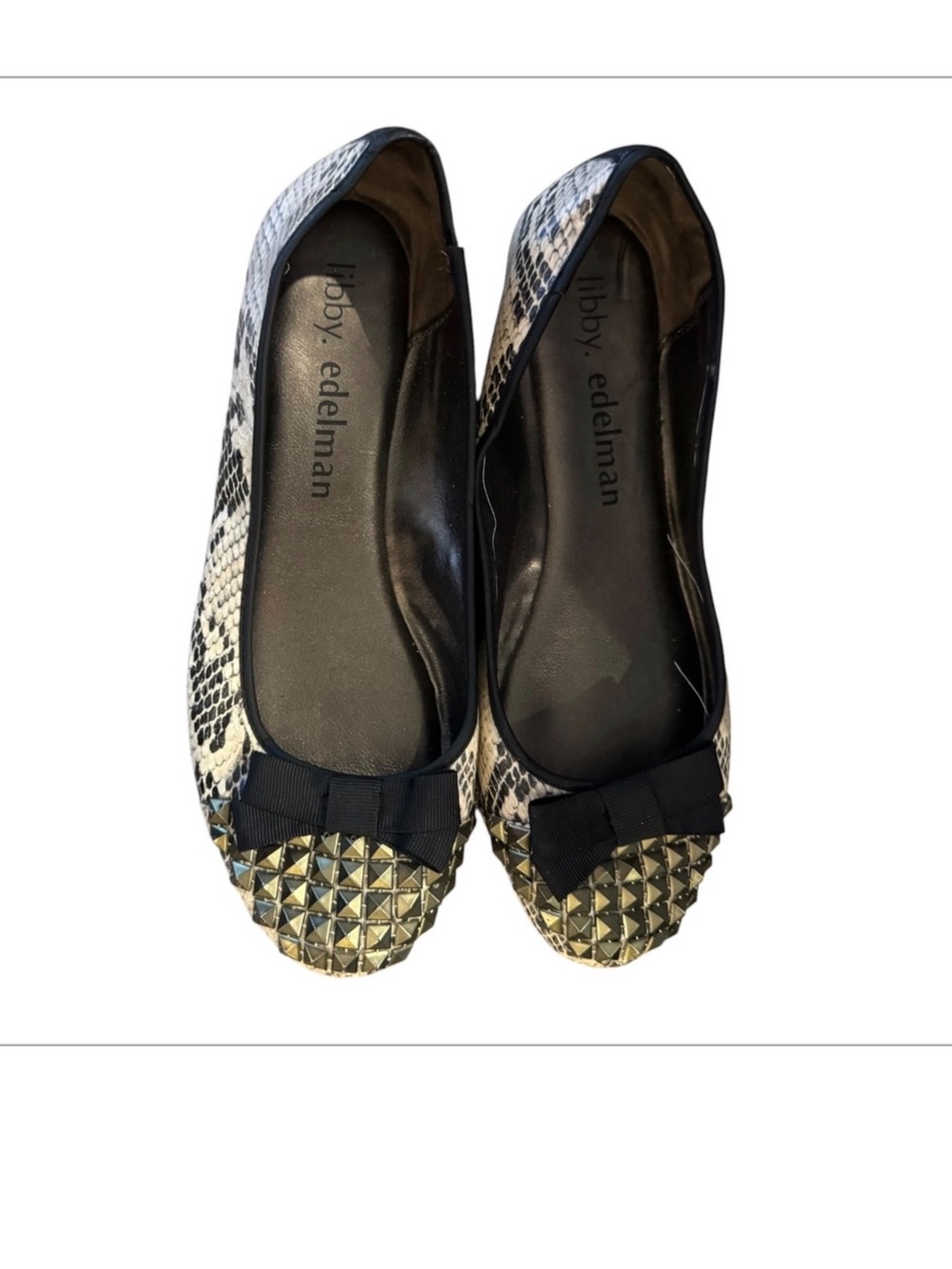 Libby Edelman Studded Snake Print Ballet Flats with Bow Accent Size 7.5